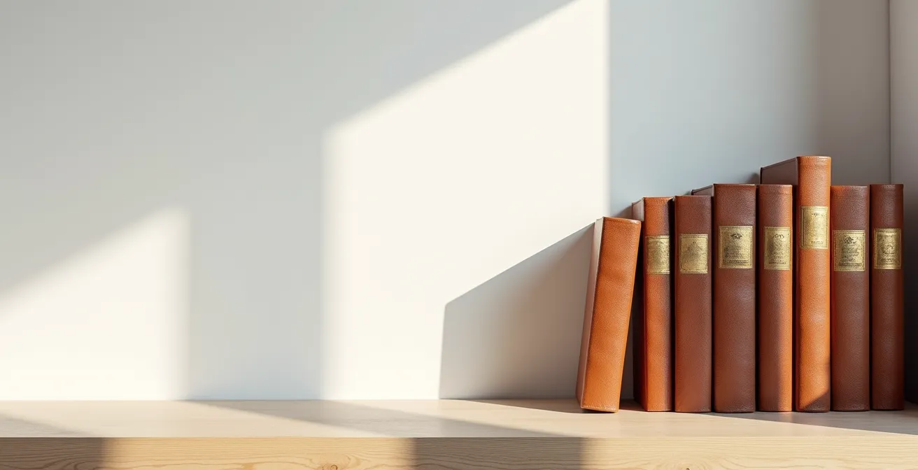 Vue large d'une bibliothèque épurée avec livres aux tranches dorées