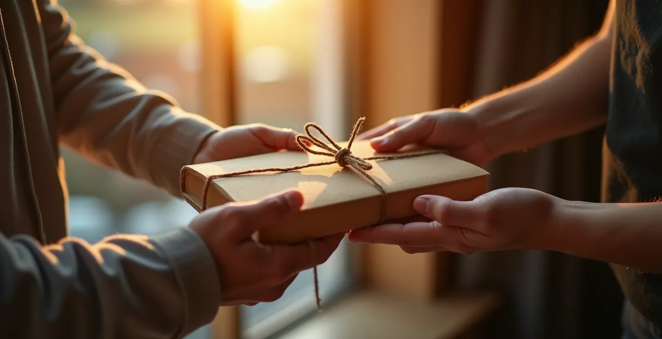 Deux mains échangeant délicatement un livre dans une lumière dorée