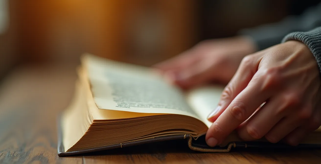 Gros plan sur des mains tournant les pages d'un livre avec lumière douce